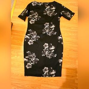 George medium black structured dress with gray and white floral print